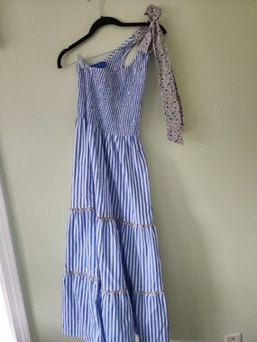 Blue & White Striped One-Shoulder Maxi Dress with Floral Tie
